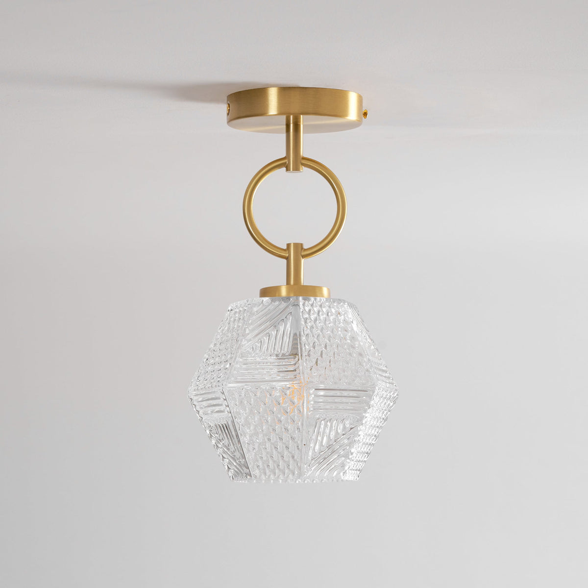 Diamond Cut | Art Deco Brass Ceiling Light, Faceted Glass Semi Flush Mount for Hallway and Bedroom