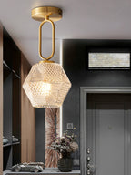 Diamond Cut | Art Deco Brass Ceiling Light, Faceted Glass Semi Flush Mount for Hallway and Bedroom