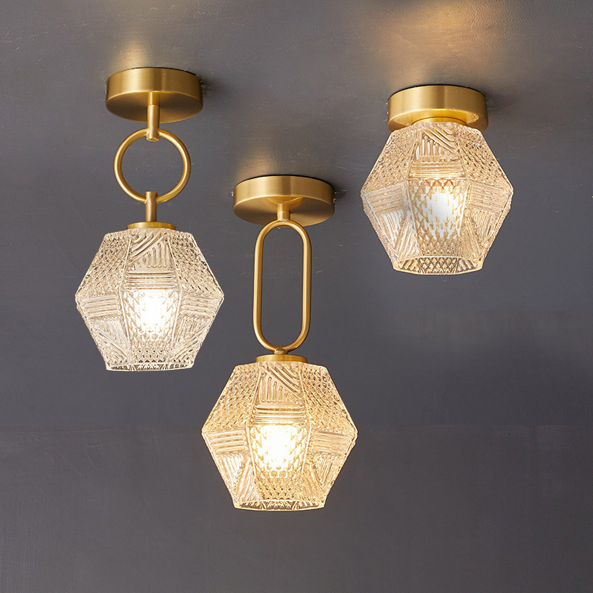 Diamond Cut | Art Deco Brass Ceiling Light, Faceted Glass Semi Flush Mount for Hallway and Bedroom