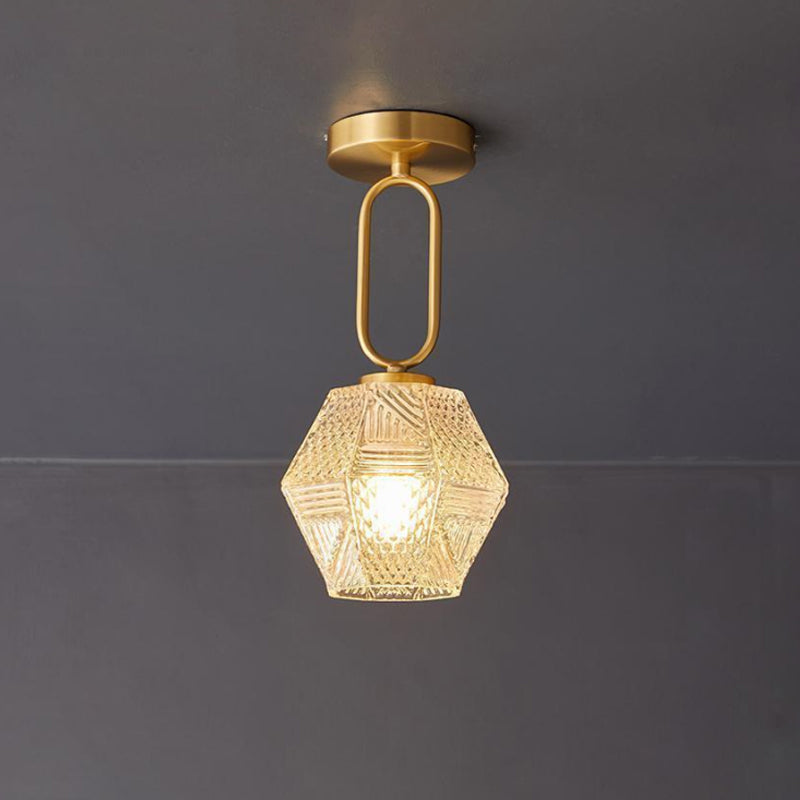 Diamond Cut | Art Deco Brass Ceiling Light, Faceted Glass Semi Flush Mount for Hallway and Bedroom