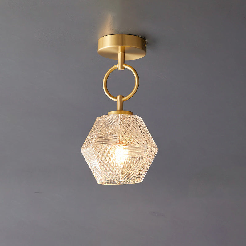 Diamond Cut | Art Deco Brass Ceiling Light, Faceted Glass Semi Flush Mount for Hallway and Bedroom