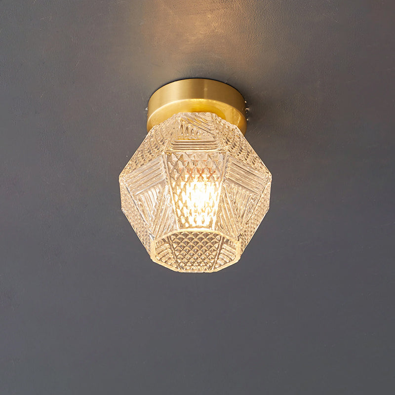 Diamond Cut | Art Deco Brass Ceiling Light, Faceted Glass Semi Flush Mount for Hallway and Bedroom