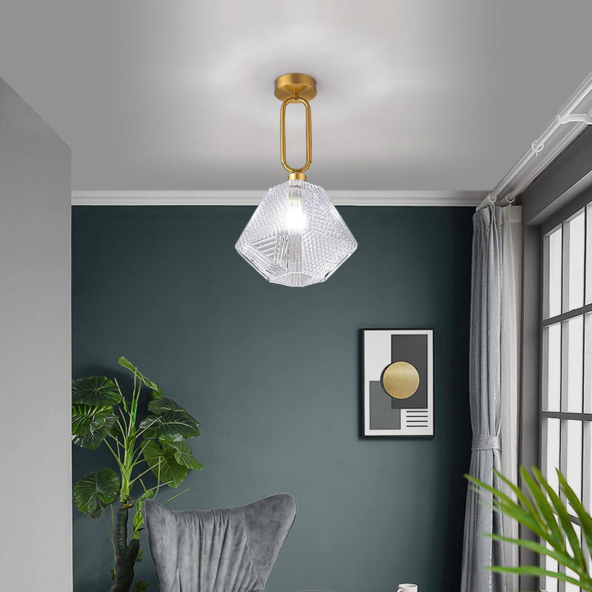 Diamond Cut | Art Deco Brass Ceiling Light, Faceted Glass Semi Flush Mount for Hallway and Bedroom