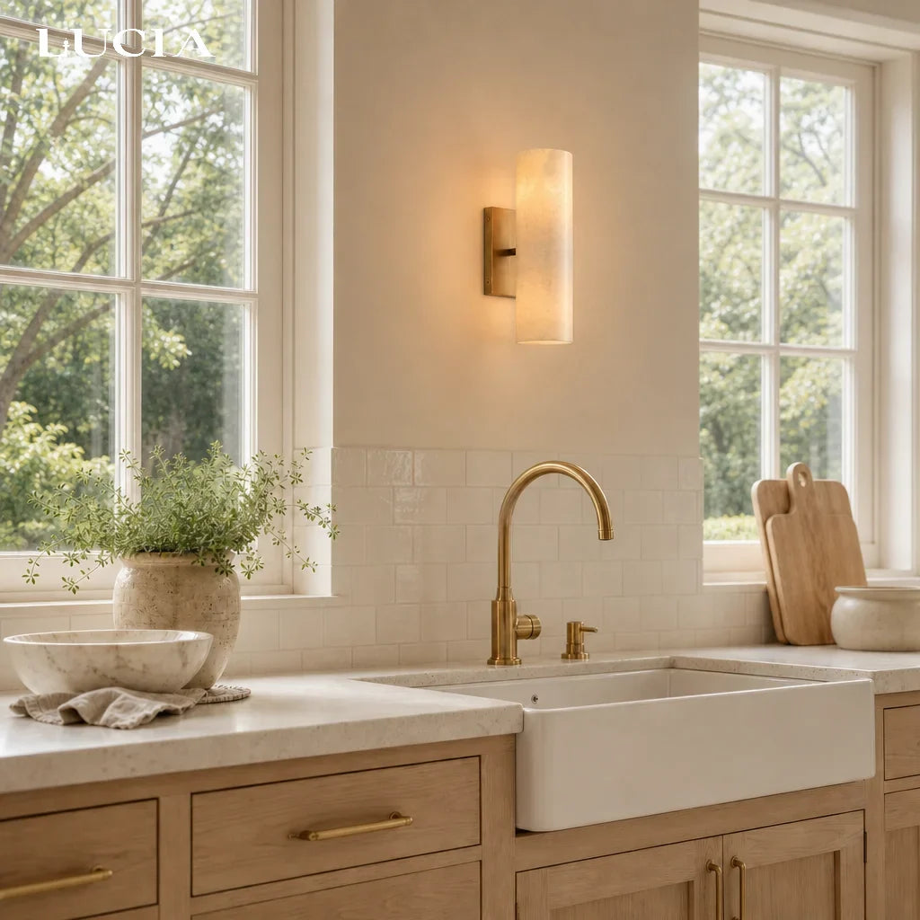 Doran | Alabaster Tube Wall Sconce, Modern Stone Wall Light, Bathroom Vanity and Bedside Sconce