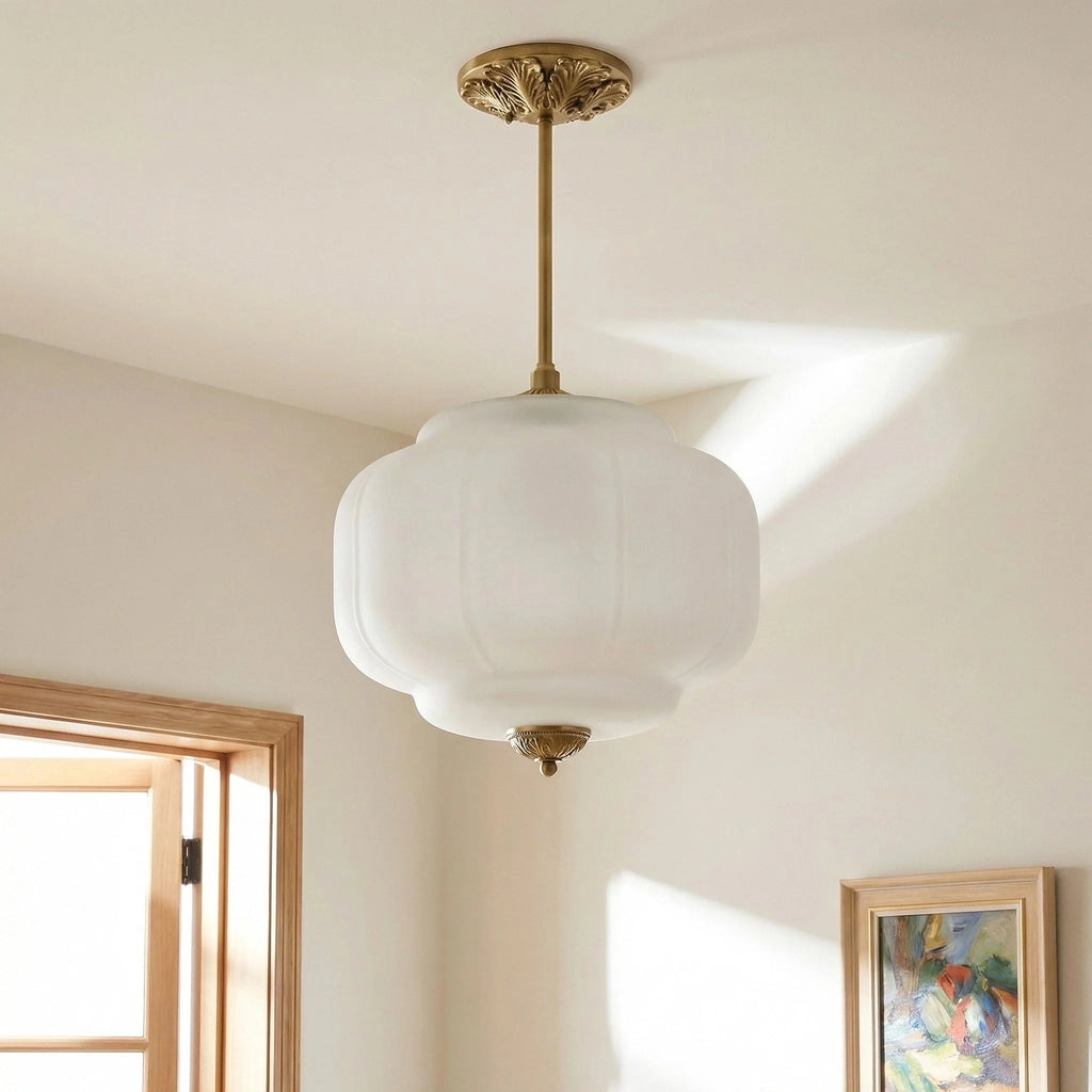 Juniper | Pumpkin Glass Pendant Light, Antique Brass Semi Flush Ceiling Light, Ribbed Colored Glass