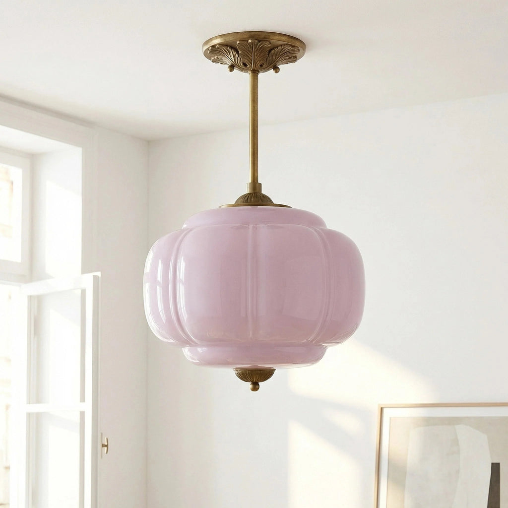 Juniper | Pumpkin Glass Pendant Light, Antique Brass Semi Flush Ceiling Light, Ribbed Colored Glass