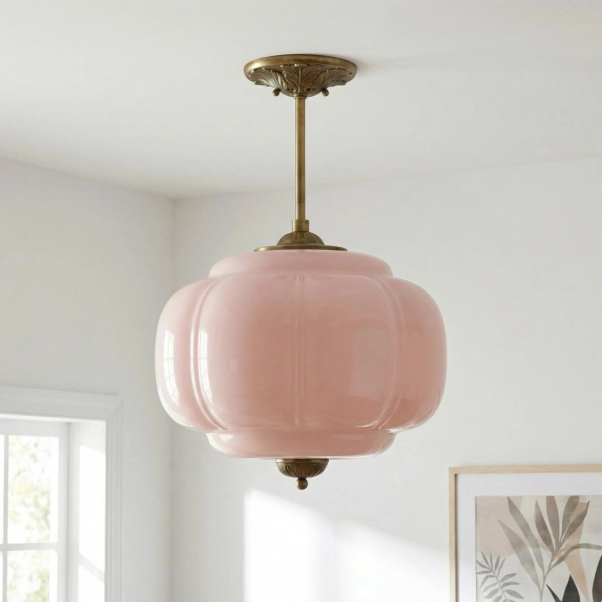 Juniper | Pumpkin Glass Pendant Light, Antique Brass Semi Flush Ceiling Light, Ribbed Colored Glass