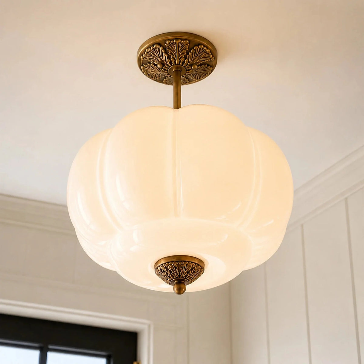 Juniper | Pumpkin Glass Pendant Light, Antique Brass Semi Flush Ceiling Light, Ribbed Colored Glass