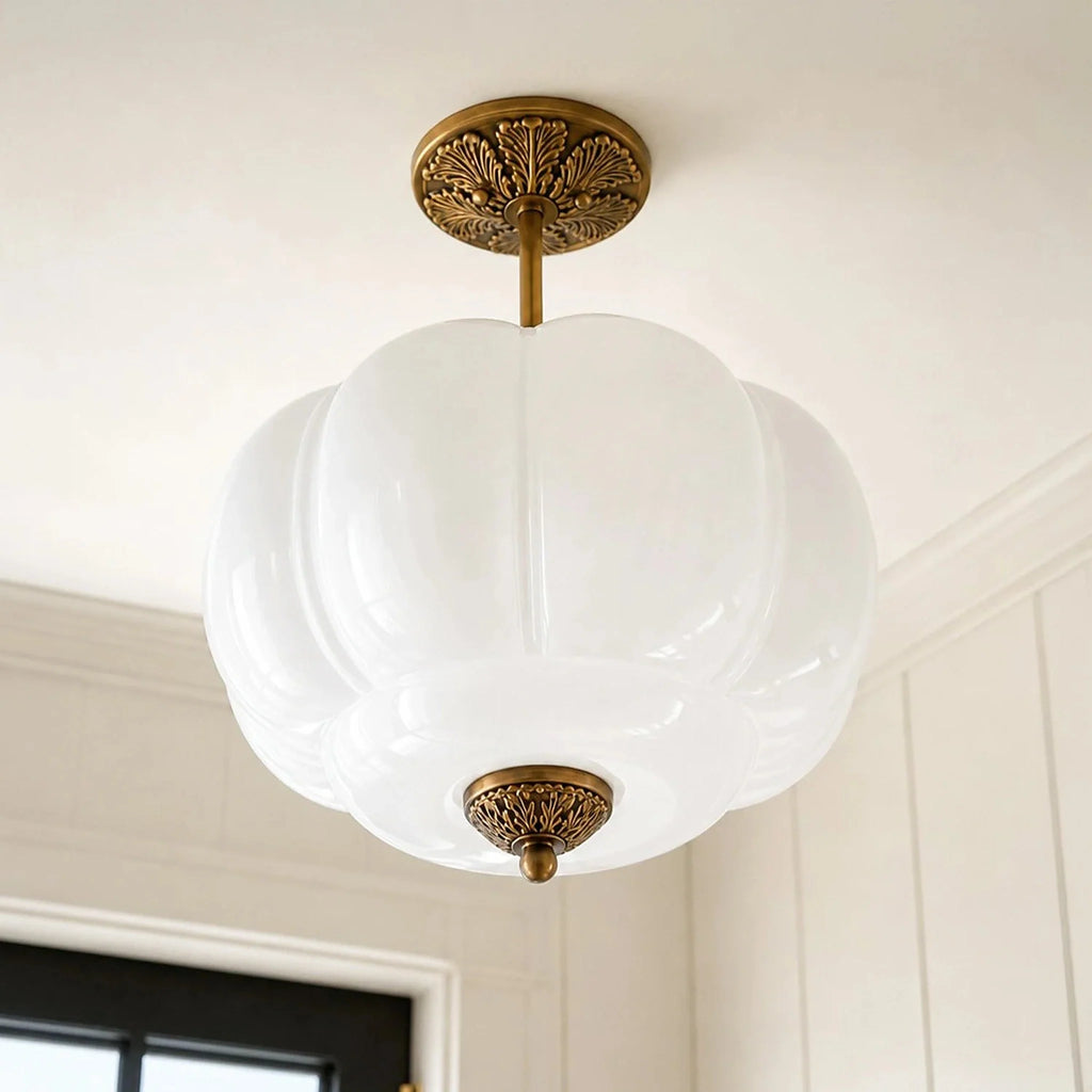 Juniper | Pumpkin Glass Pendant Light, Antique Brass Semi Flush Ceiling Light, Ribbed Colored Glass