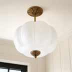 Juniper | Pumpkin Glass Pendant Light, Antique Brass Semi Flush Ceiling Light, Ribbed Colored Glass