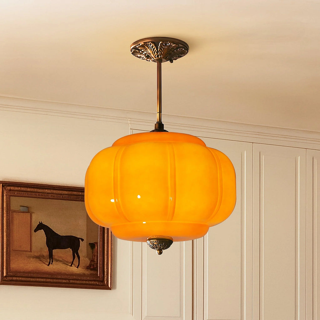 Juniper | Pumpkin Glass Pendant Light, Antique Brass Semi Flush Ceiling Light, Ribbed Colored Glass