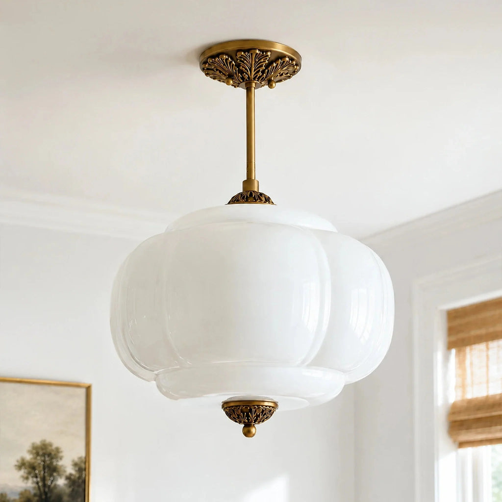 Juniper | Pumpkin Glass Pendant Light, Antique Brass Semi Flush Ceiling Light, Ribbed Colored Glass