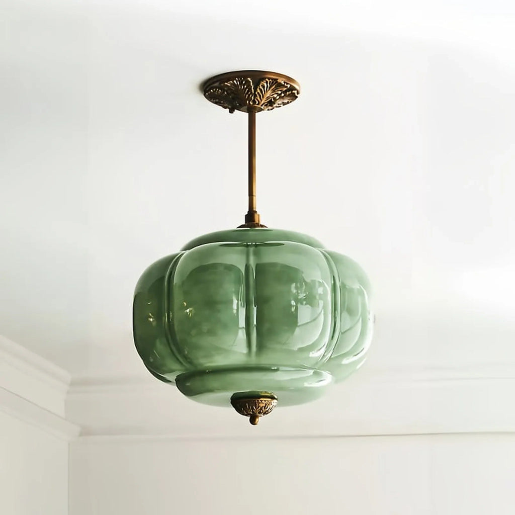 Juniper | Pumpkin Glass Pendant Light, Antique Brass Semi Flush Ceiling Light, Ribbed Colored Glass