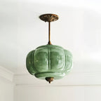 Juniper | Pumpkin Glass Pendant Light, Antique Brass Semi Flush Ceiling Light, Ribbed Colored Glass