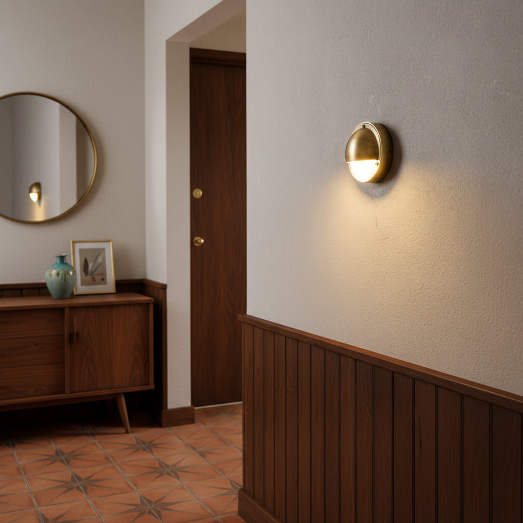 Cove | Brass Step Light, Eyelid Wall Light, Covered Porch