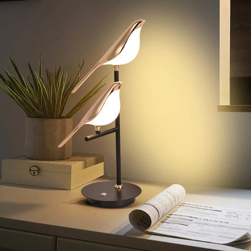 Wren | Bird Table Lamp, Gold LED Desk Lamp with Two Birds, Modern Nordic Bedside Lamp