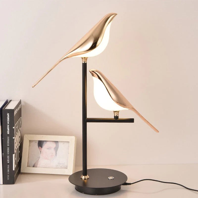 Wren | Bird Table Lamp, Gold LED Desk Lamp with Two Birds, Modern Nordic Bedside Lamp