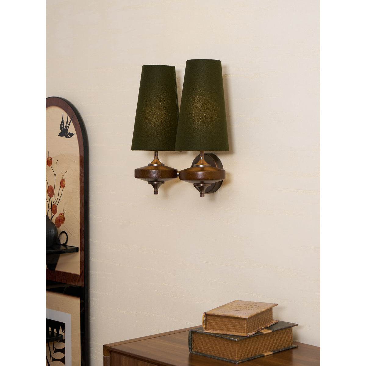 Tamsin | Walnut Wall Sconce, Fabric Shade Bedside Wall Lamp