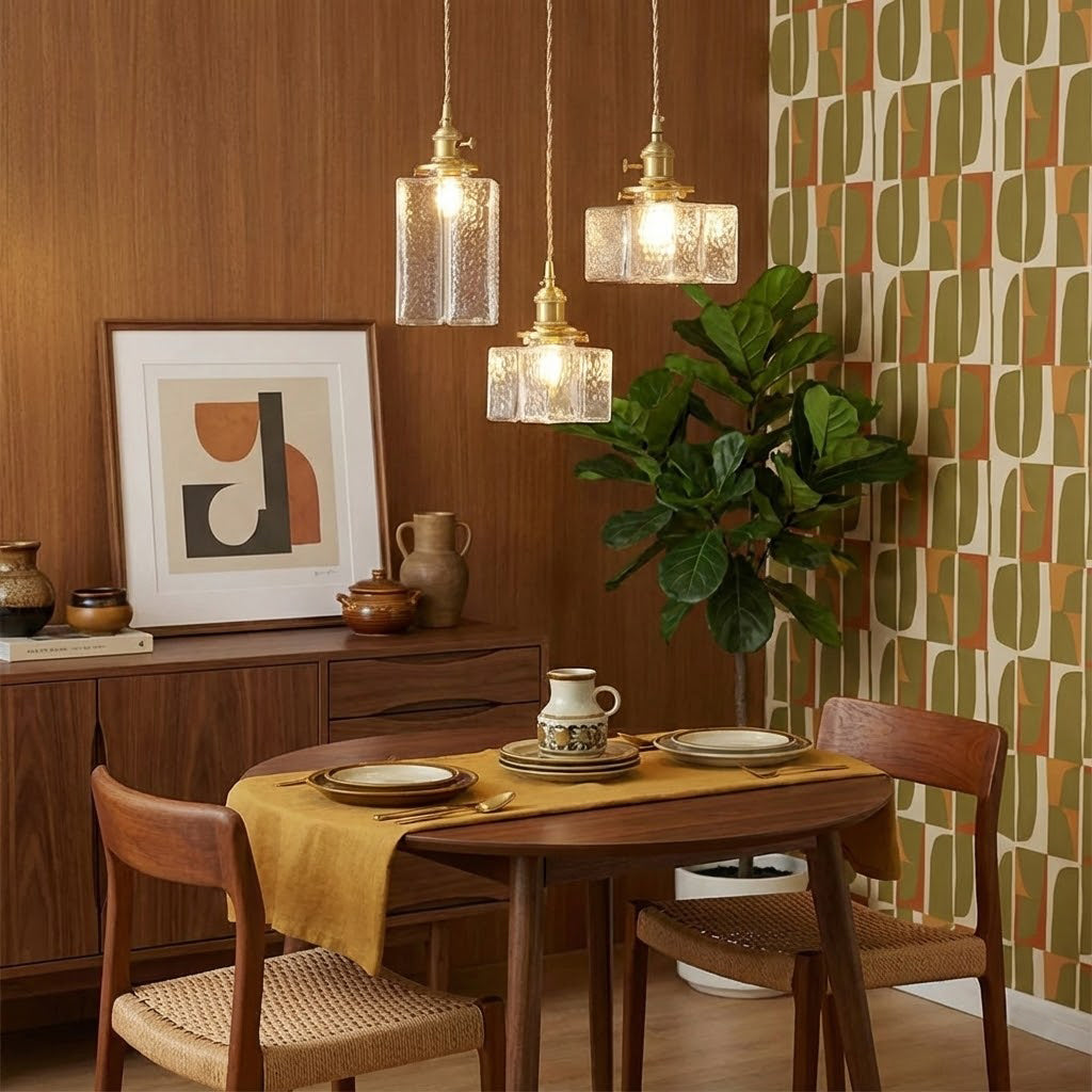 Jewel | Hammered Glass Brass Pendant Light, Mini Kitchen Island Lamp for Dining Room and Entryway