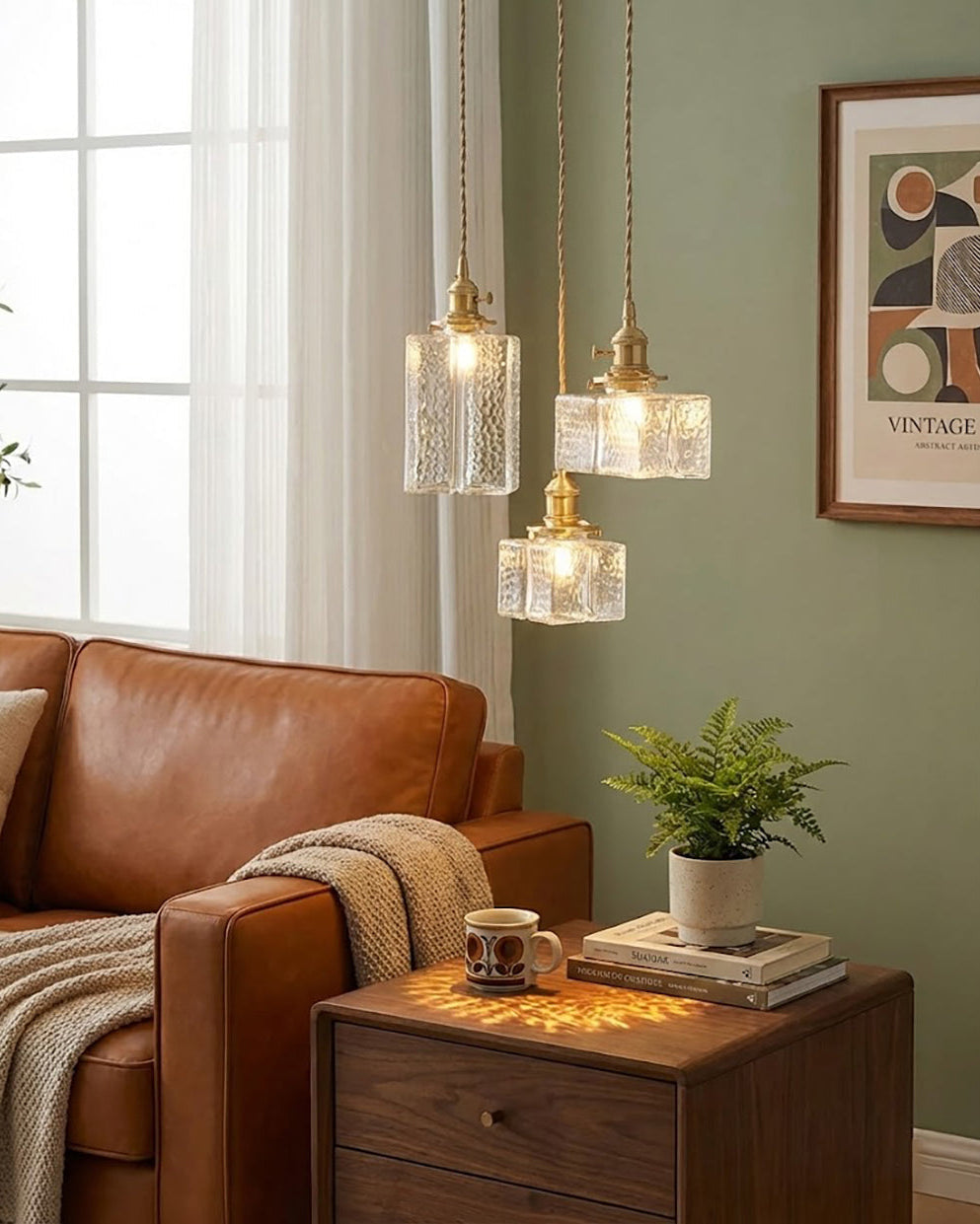 Jewel | Hammered Glass Brass Pendant Light, Mini Kitchen Island Lamp for Dining Room and Entryway