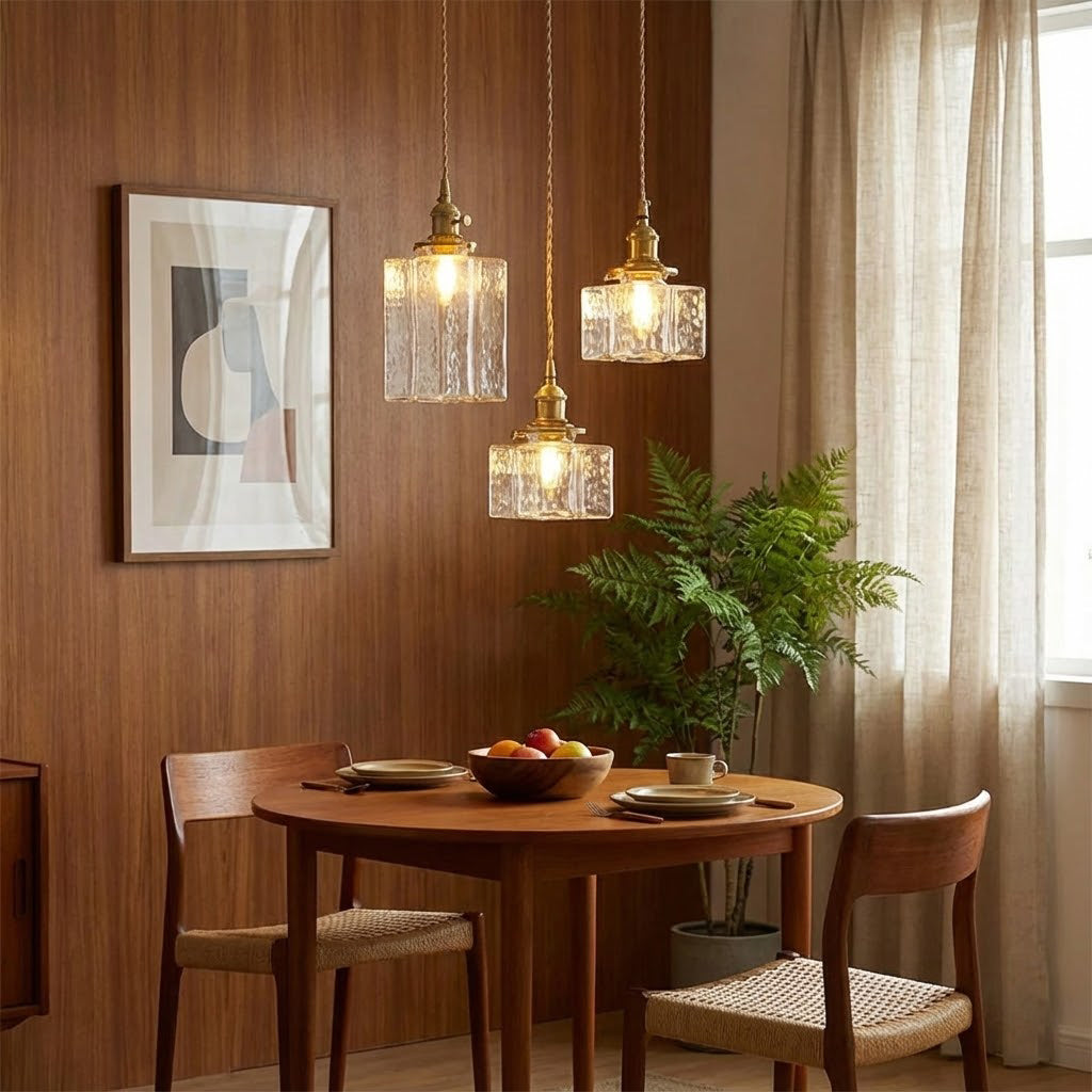 Jewel | Hammered Glass Brass Pendant Light, Mini Kitchen Island Lamp for Dining Room and Entryway