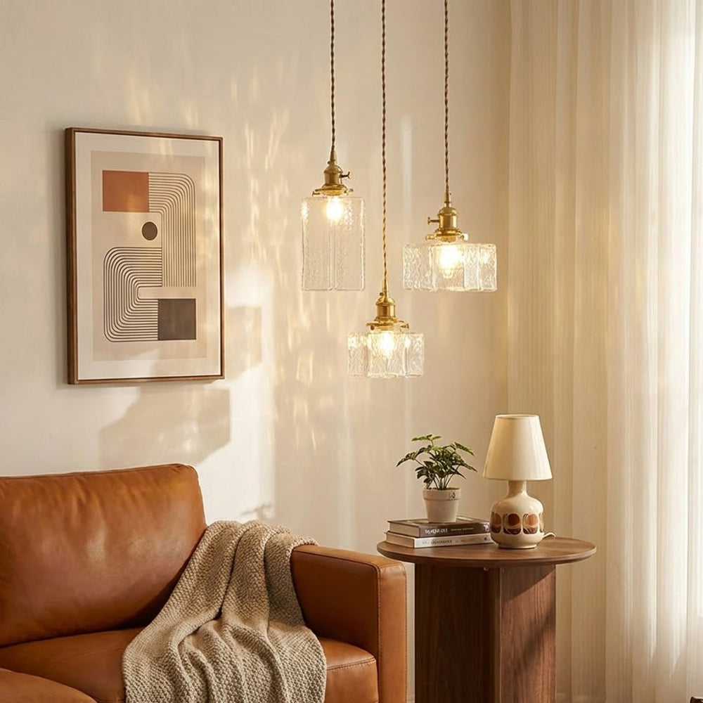 Jewel | Hammered Glass Brass Pendant Light, Mini Kitchen Island Lamp for Dining Room and Entryway