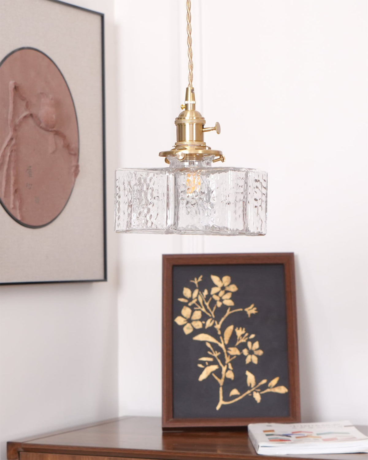 Jewel | Hammered Glass Brass Pendant Light, Mini Kitchen Island Lamp for Dining Room and Entryway