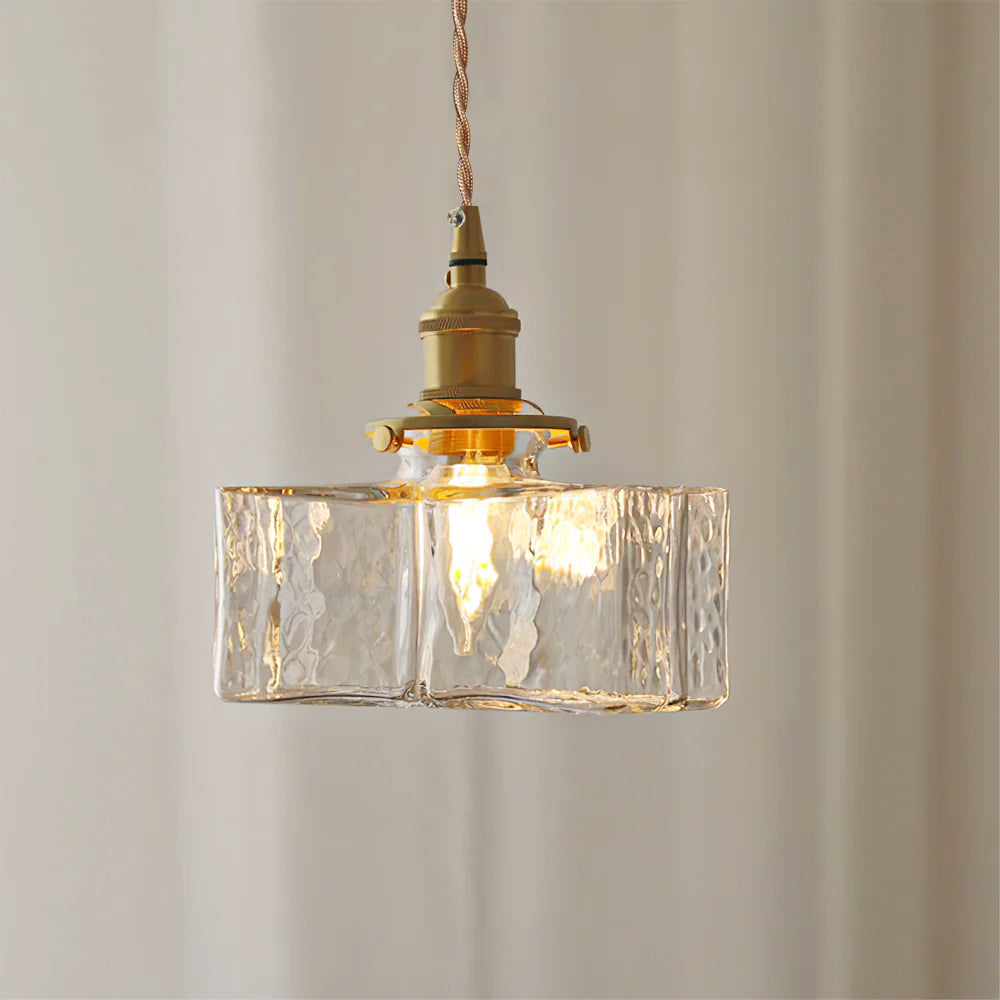 Jewel | Hammered Glass Brass Pendant Light, Mini Kitchen Island Lamp for Dining Room and Entryway