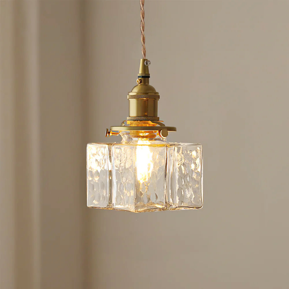 Jewel | Hammered Glass Brass Pendant Light, Mini Kitchen Island Lamp for Dining Room and Entryway