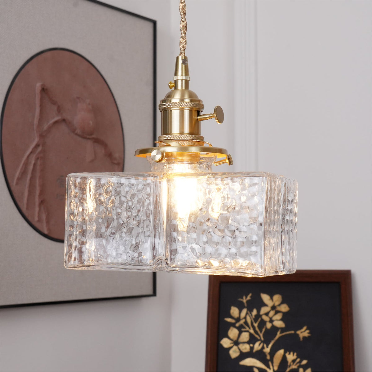 Jewel | Hammered Glass Brass Pendant Light, Mini Kitchen Island Lamp for Dining Room and Entryway