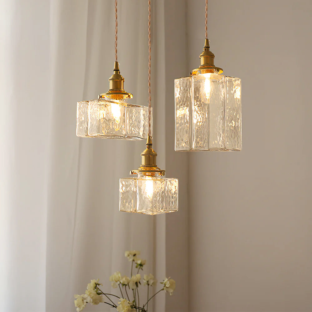 Jewel | Hammered Glass Brass Pendant Light, Mini Kitchen Island Lamp for Dining Room and Entryway