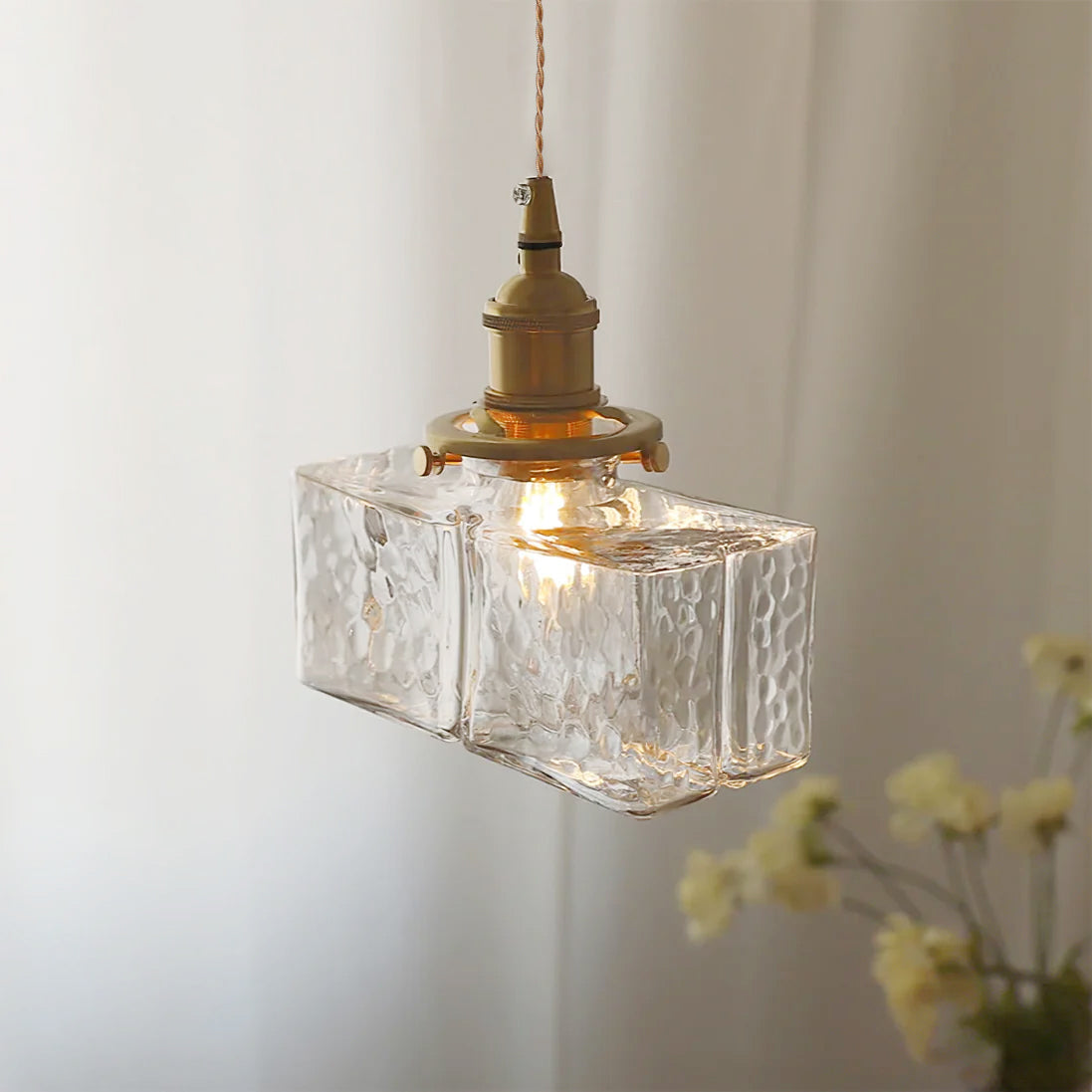 Jewel | Hammered Glass Brass Pendant Light, Mini Kitchen Island Lamp for Dining Room and Entryway