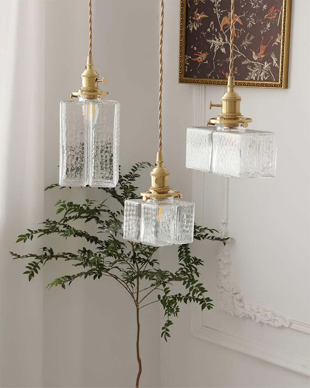 Jewel | Hammered Glass Brass Pendant Light, Mini Kitchen Island Lamp for Dining Room and Entryway
