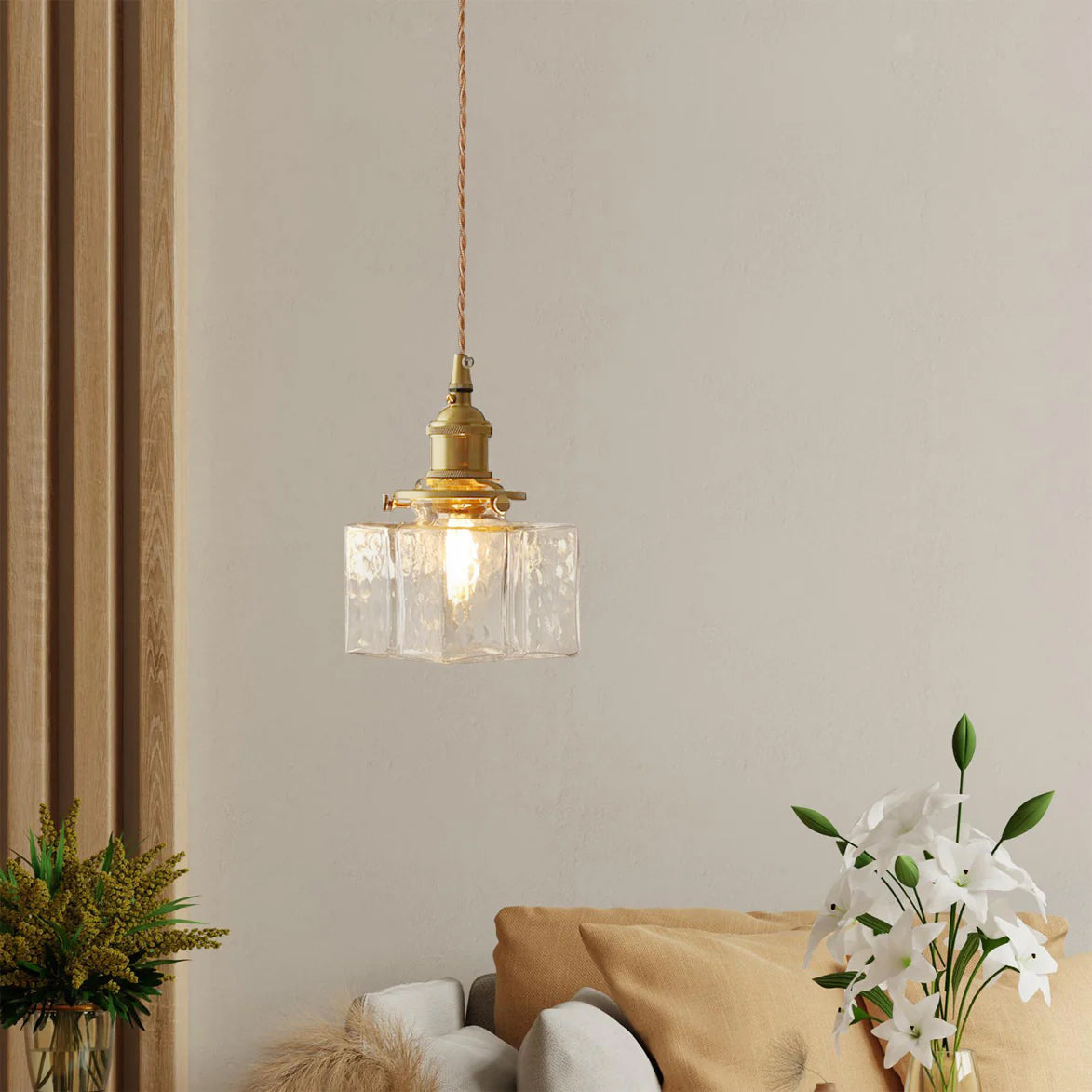 Jewel | Hammered Glass Brass Pendant Light, Mini Kitchen Island Lamp for Dining Room and Entryway