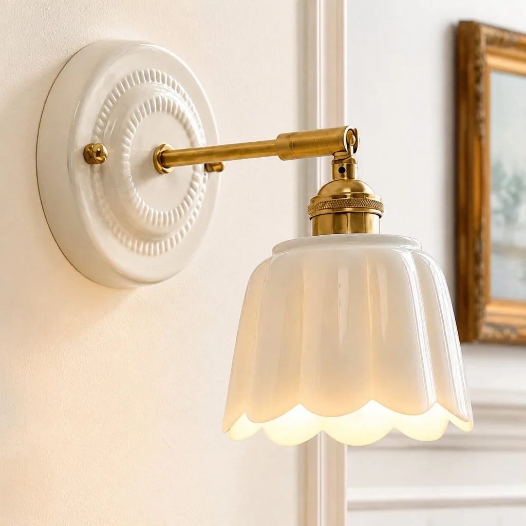 Lior | Ceramic Wall Sconce, Vintage Scalloped Flower Brass Wall Light, Bathroom Vanity Light