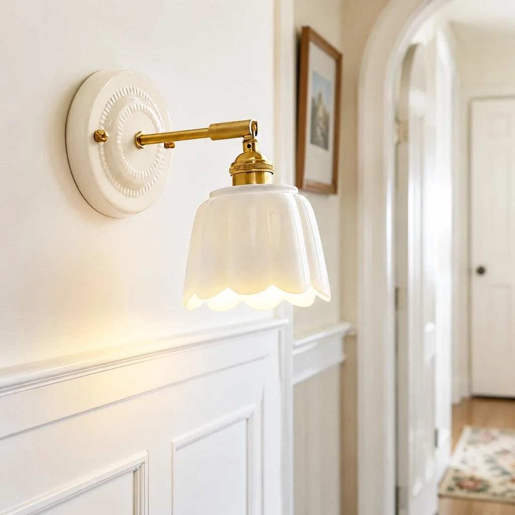 Lior | Ceramic Wall Sconce, Vintage Scalloped Flower Brass Wall Light, Bathroom Vanity Light
