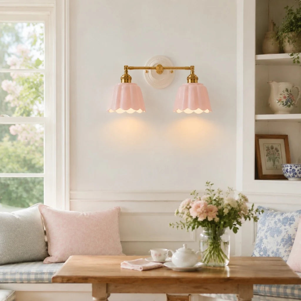 Lior | Ceramic Wall Sconce, Vintage Scalloped Flower Brass Wall Light, Bathroom Vanity Light