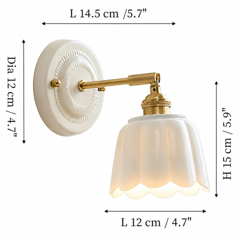 Lior | Ceramic Wall Sconce, Vintage Scalloped Flower Brass Wall Light, Bathroom Vanity Light