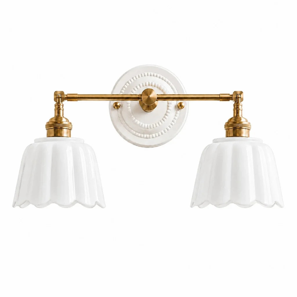 Lior | Ceramic Wall Sconce, Vintage Scalloped Flower Brass Wall Light, Bathroom Vanity Light