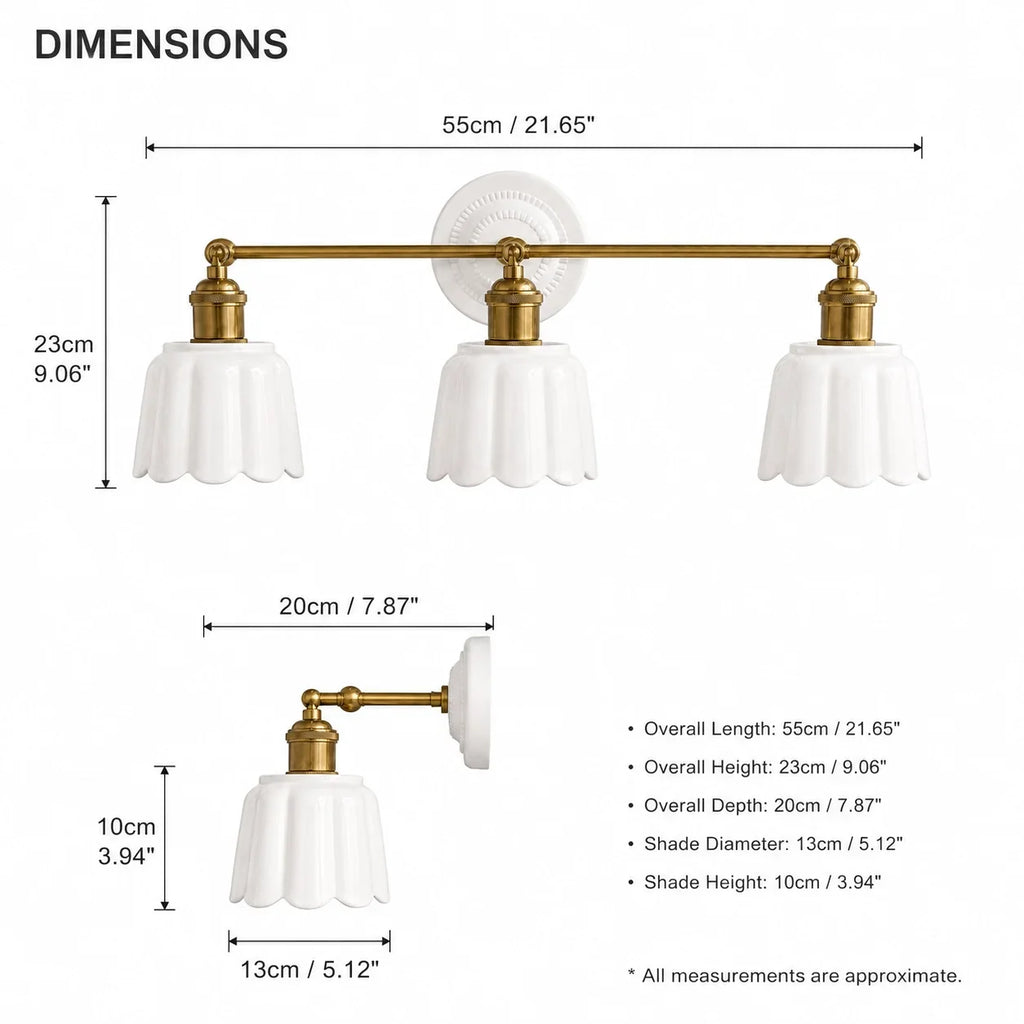 Lior | Ceramic Wall Sconce, Vintage Scalloped Flower Brass Wall Light, Bathroom Vanity Light