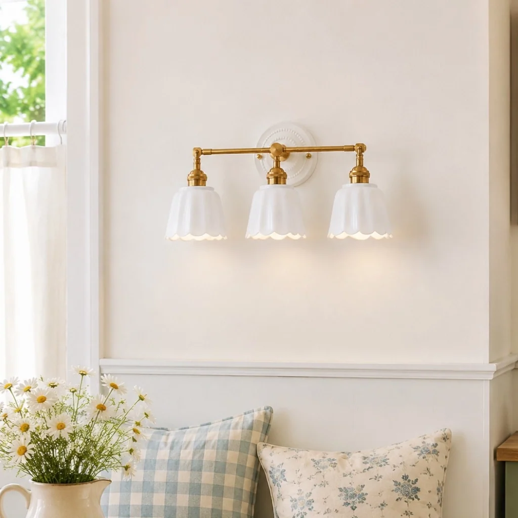 Lior | Ceramic Wall Sconce, Vintage Scalloped Flower Brass Wall Light, Bathroom Vanity Light