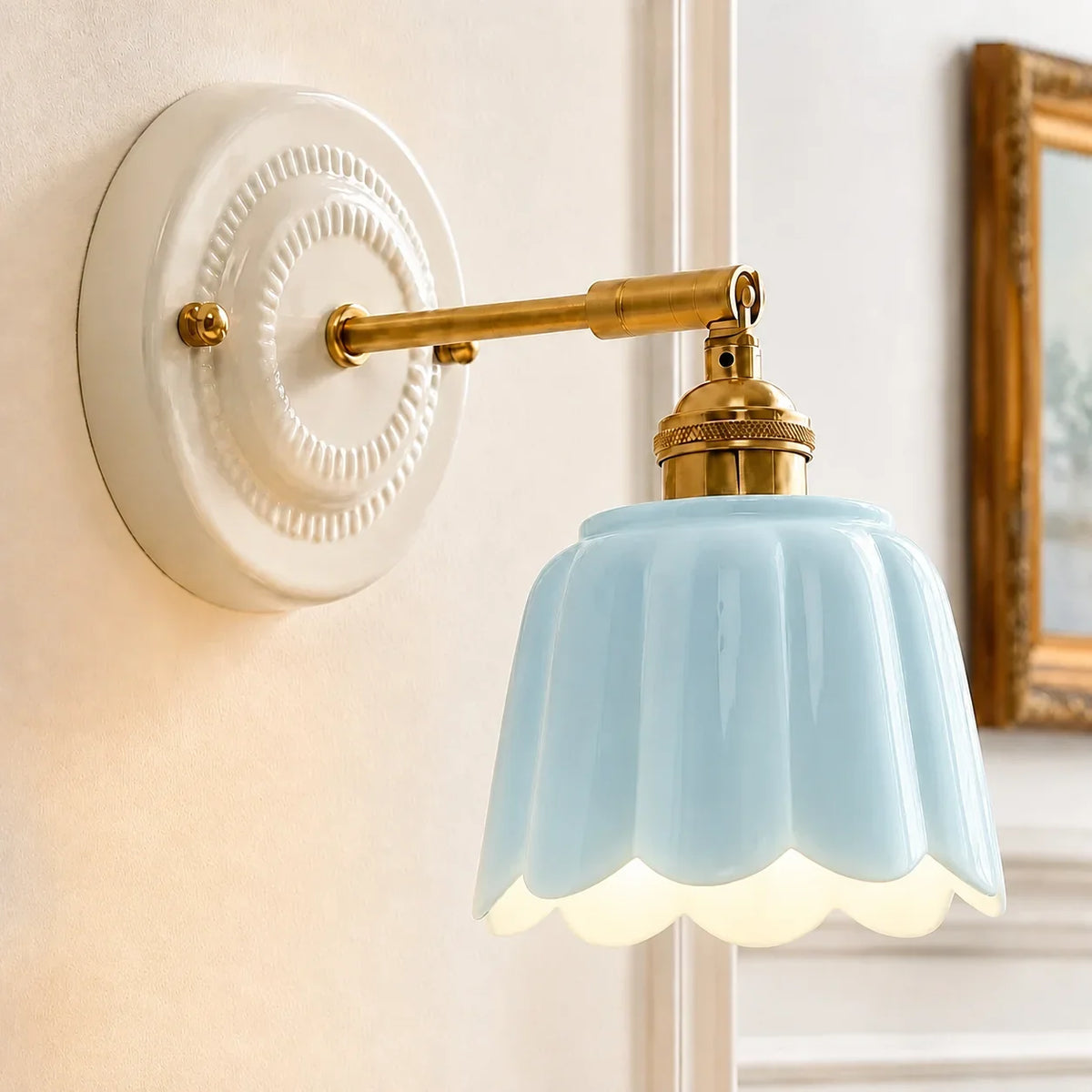 Lior | Ceramic Wall Sconce, Vintage Scalloped Flower Brass Wall Light, Bathroom Vanity Light