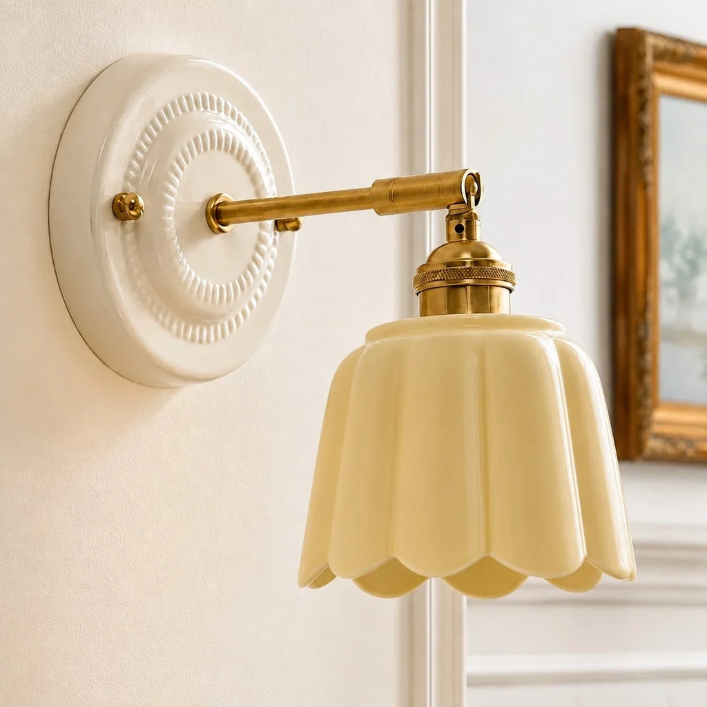 Lior | Ceramic Wall Sconce, Vintage Scalloped Flower Brass Wall Light, Bathroom Vanity Light