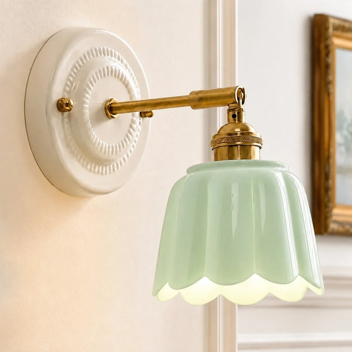 Lior | Ceramic Wall Sconce, Vintage Scalloped Flower Brass Wall Light, Bathroom Vanity Light