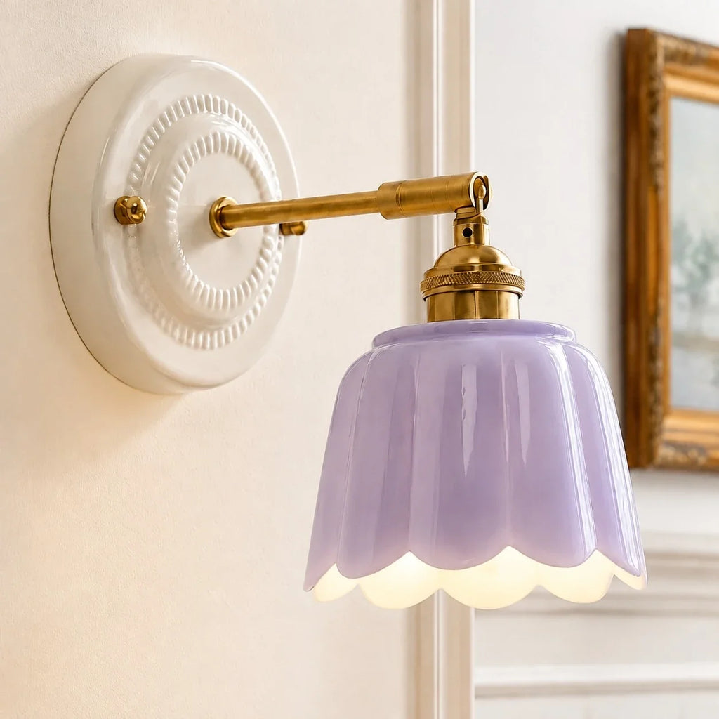 Lior | Ceramic Wall Sconce, Vintage Scalloped Flower Brass Wall Light, Bathroom Vanity Light