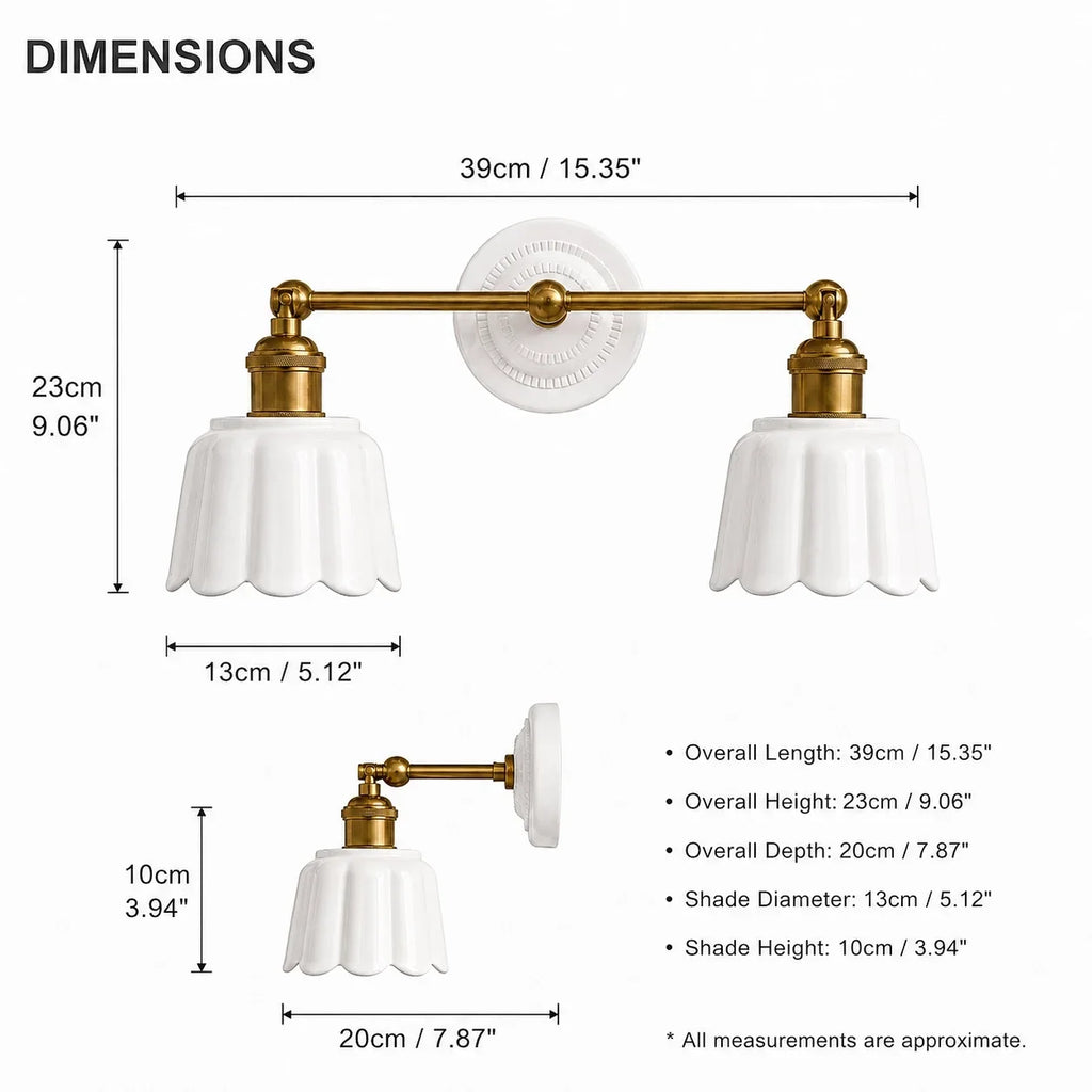 Lior | Ceramic Wall Sconce, Vintage Scalloped Flower Brass Wall Light, Bathroom Vanity Light