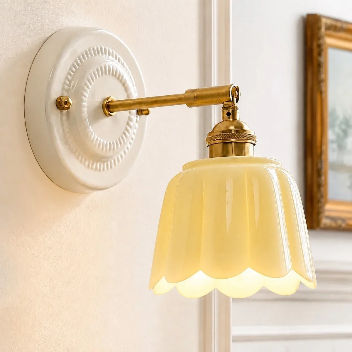 Lior | Ceramic Wall Sconce, Vintage Scalloped Flower Brass Wall Light, Bathroom Vanity Light