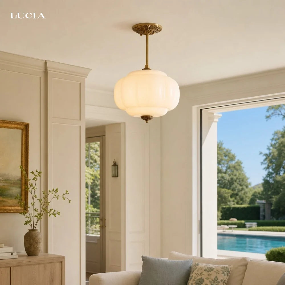 Juniper | Pumpkin Glass Pendant Light, Antique Brass Semi Flush Ceiling Light, Ribbed Colored Glass