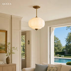 Juniper | Pumpkin Glass Pendant Light, Antique Brass Semi Flush Ceiling Light, Ribbed Colored Glass
