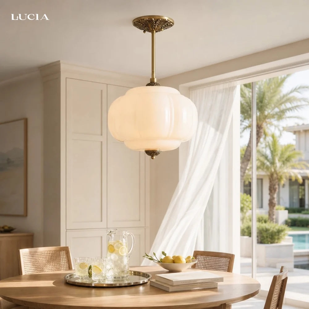 Juniper | Pumpkin Glass Pendant Light, Antique Brass Semi Flush Ceiling Light, Ribbed Colored Glass